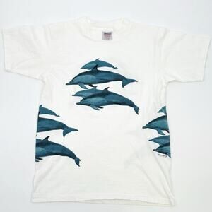 Vintage 80s Nature T Shirt Dolphins AOP Men’s Small L Oneita Single Stitch Ocean